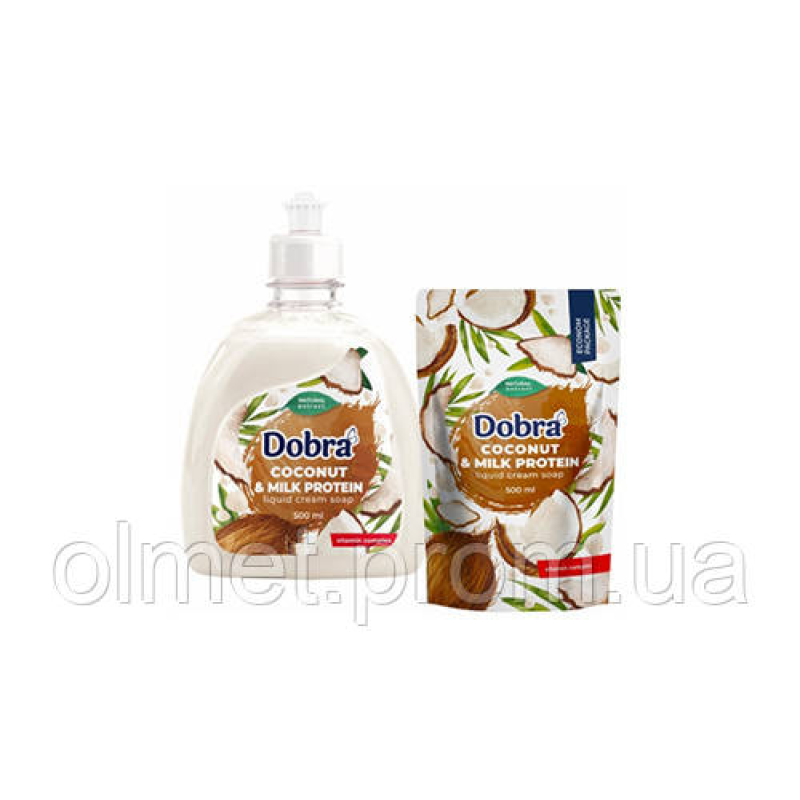 Крем-мило туалетне рідке екопак Dobra Кокос і зволожувальний крем 500 мл Крем-мило туалетне рідке екопак Dobra Кокос і зволожувальний крем 500 мл