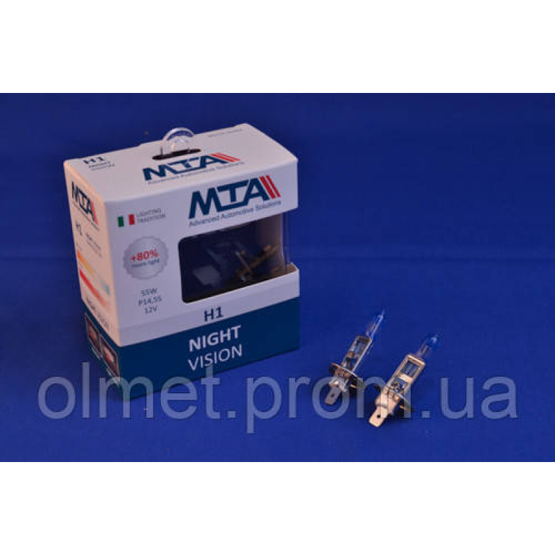 Лампа автомобільна H1 12 V 55 W P14.5S NIGHT VISION + 80% (2 шт.) (ближня/даля, протитуманна) MTA Лампа автомобільна H1 12 V 55 W P14.5S NIGHT VISION + 80% (2 шт.) (ближня/даля, протитуманна) MTA
