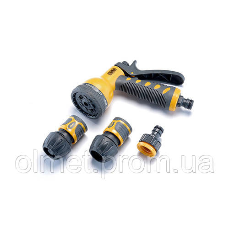 Набір: пістолет-розпилювач 9 режимів, конектори: 3/4 аквастоп, 3/4, адаптер 1/2+3/4 СИЛА Набір: пістолет-розпилювач 9 режимів, конектори: 3/4 аквастоп, 3/4, адаптер 1/2+3/4 СИЛА