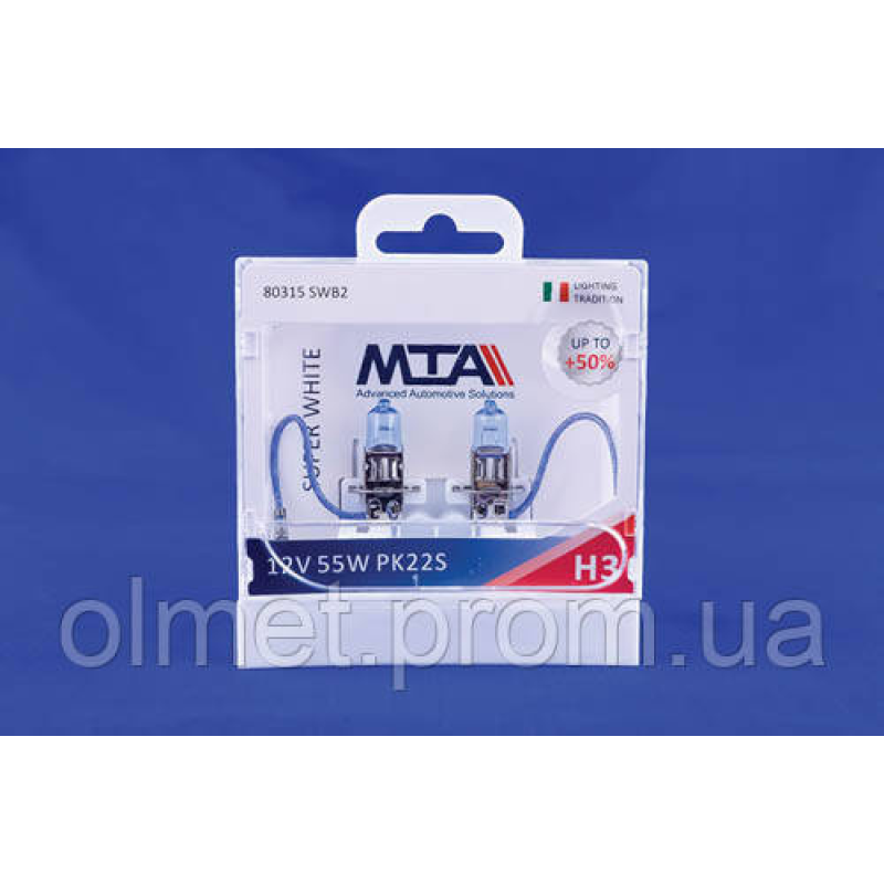Лампа автомобільна H3 12 V 55 W PK22S SUPER WHITE (ближня/дальня, протитуманна) (світло-блакитний) (2шт) MTA Лампа автомобільна H3 12 V 55 W PK22S SUPER WHITE (ближня/дальня, протитуманна) (світло-блакитний) (2шт) MTA