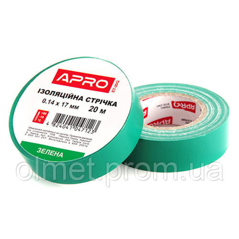 Ізоляційна стрічка зелена 0.14х17мм 20 м (пачка, красно 10 шт.) APRO Ізоляційна стрічка зелена 0.14х17мм 20 м (пачка, красно 10 шт.) APRO