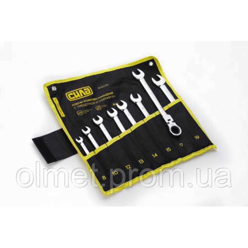 Набір ключів комбінованих із тріскачкою та шарніром CrV у чохлі 8, 10, 12, 13, 14, 15, 17, 19 (8 шт.) СИЛА Набір ключів комбінованих із тріскачкою та шарніром CrV у чохлі 8, 10, 12, 13, 14, 15, 17, 19 (8 шт.) СИЛА