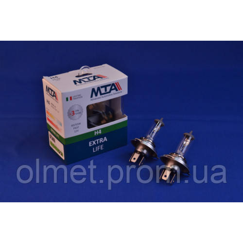 Лампа автомобільна H4 12 V 60/55W P43T EXTRA LIFE (2шт) (ближня/дальня, протитуманна) MTA Лампа автомобільна H4 12 V 60/55W P43T EXTRA LIFE (2шт) (ближня/дальня, протитуманна) MTA
