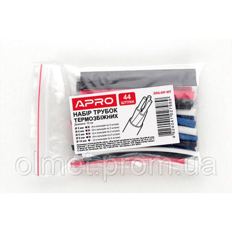 Термоусмоктувана трубка довжина 10 см набір діам. 3, 4, 5, 6, 10 мм (чорні, червоні, сині, білі) (44 шт.) APRO Термоусмоктувана трубка довжина 10 см набір діам. 3, 4, 5, 6, 10 мм (чорні, червоні, сині, білі) (44 шт.) APRO