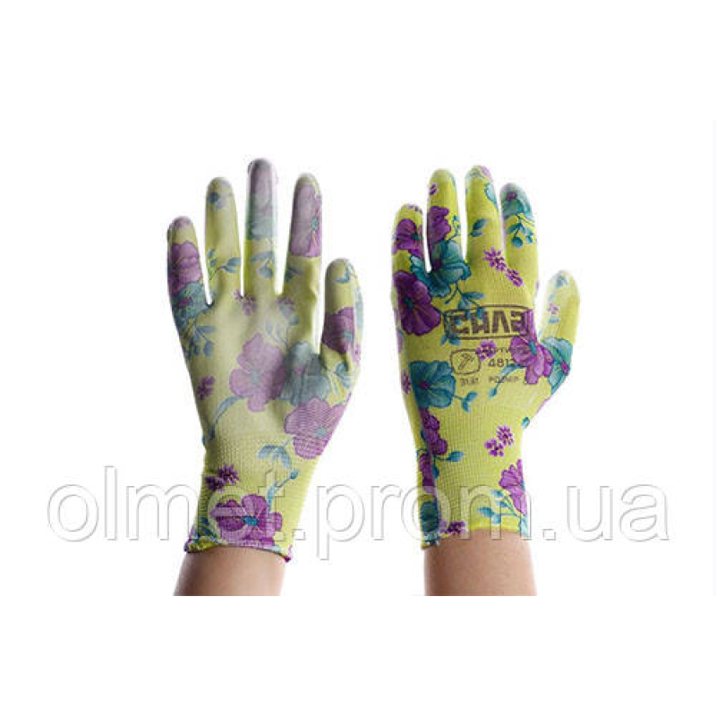 Рукавички з поліуретановим покриттям р8 (зелені садові манжети) ВАСИЛЬКИ СІЛА