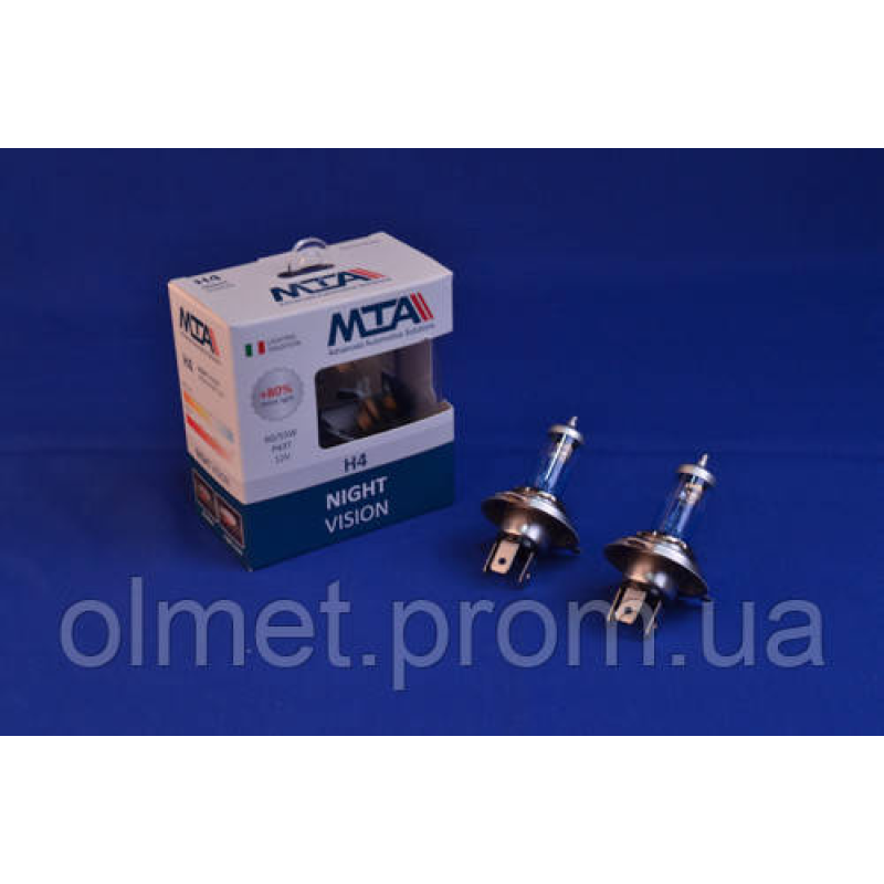 Лампа автомобільна H4 12 V 60/55 W P43T NIGHT VISION + 80% (2 шт.) (ближня/даля, протитуманна) MTA Лампа автомобільна H4 12 V 60/55 W P43T NIGHT VISION + 80% (2 шт.) (ближня/даля, протитуманна) MTA