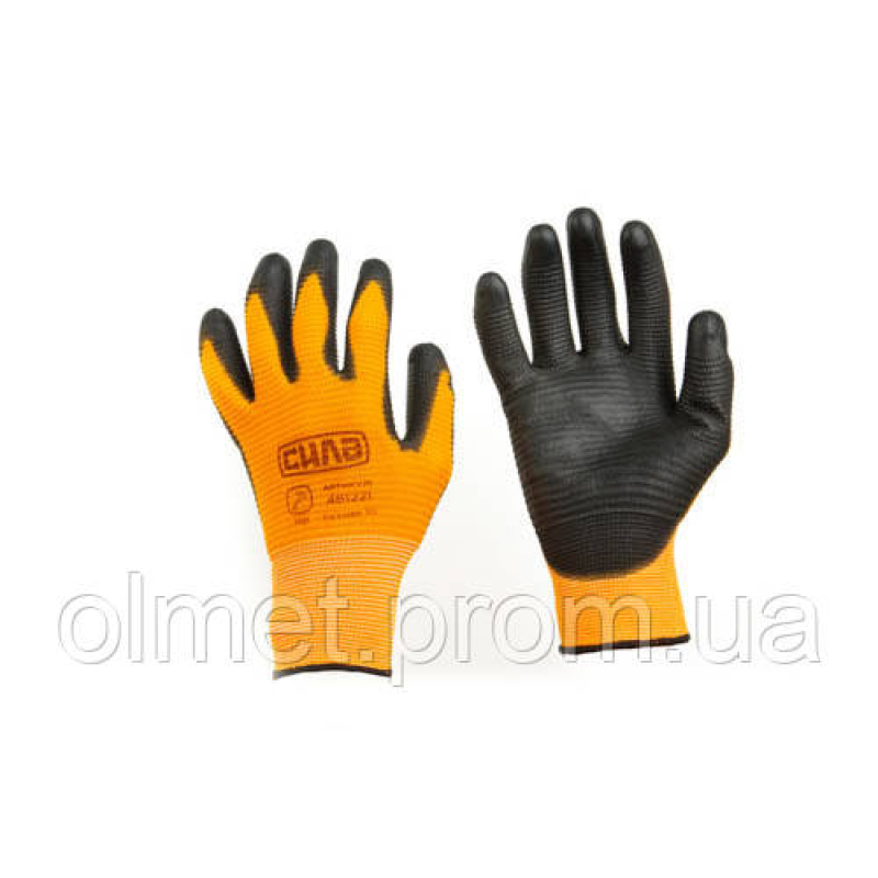 Рукавички з ПУ-покриттям р10 (жовтогарячий + чорний манжет) СІЛА Рукавички з ПУ-покриттям р10 (жовтогарячий + чорний манжет) СІЛА