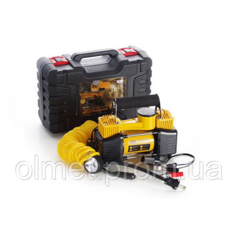 Компресор автомобільний двопоршневий (85 л/хв 10 Атм 18 А) у пластиковому кейсі + кручений шланг СІЛА