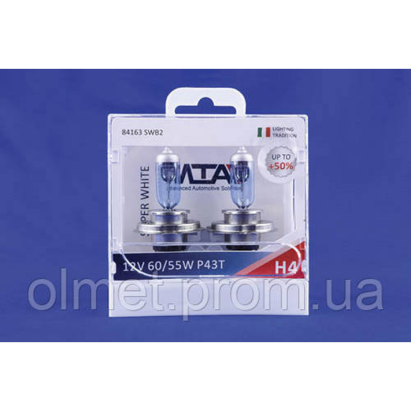 Лампа автомобільна H4 12 V 60/55W P43T SUPER WHITE (ближня/дальня) (світло-блакитний) (2шт) MTA Лампа автомобільна H4 12 V 60/55W P43T SUPER WHITE (ближня/дальня) (світло-блакитний) (2шт) MTA