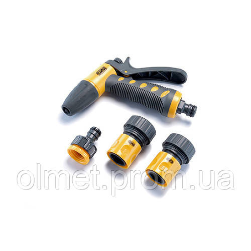 Набір: пістолет-розпилювач, конектори для шланга 3/4: 3/4 аквастоп, 3/4, адаптер 1/2+3/4 СИЛА Набір: пістолет-розпилювач, конектори для шланга 3/4: 3/4 аквастоп, 3/4, адаптер 1/2+3/4 СИЛА