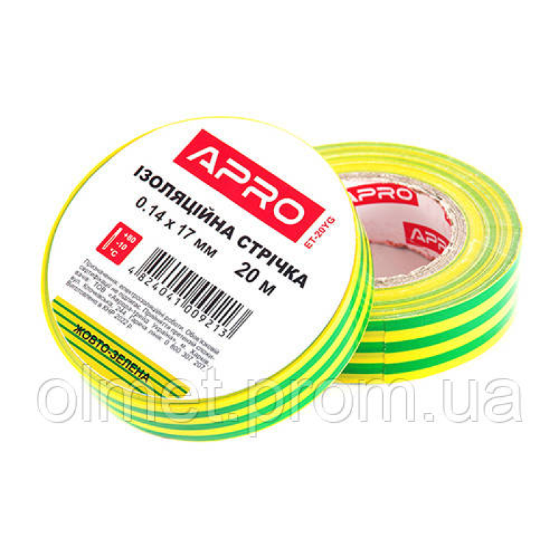 Ізоляційна стрічка жовто-зелена 0.14х17мм 10 м (пачка, раза 10 шт.) APRO