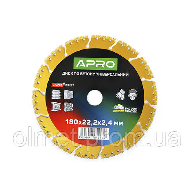 Диск для бетону універсальний 180х22.2х2.4 мм PRO (вакуумне зварювання, перфорований сегмент) APRO Диск для бетону універсальний 180х22.2х2.4 мм PRO (вакуумне зварювання, перфорований сегмент) APRO