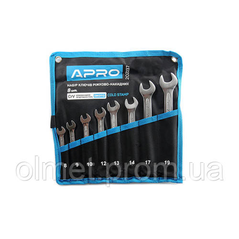 Набір ключів ріжково-накидних CrV 8 шт (8-10, 12-14, 17, 19 мм) (холодний штамп DIN3113) APRO