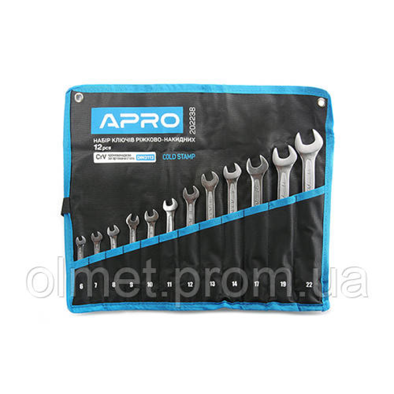 Набір ключів ріжково-накидних CrV 12 шт (6-14, 17, 19, 22 мм) (холодний штамп DIN3113) APRO