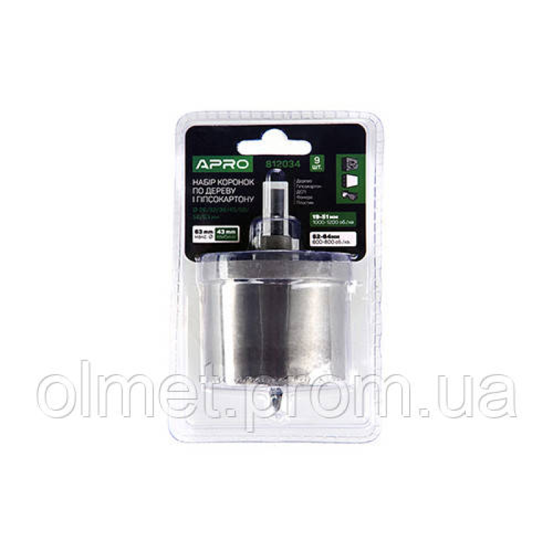 Набір коронок по дереву і гіпсокартону 9 предметів, глибина 43мм (26/32/36/45/50/56/63) APRO