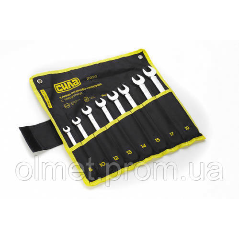 Набір ключів комбінованих із тріскачкою в чохлі CrV 8, 10, 12, 14, 15, 17, 19 (8 шт.) СИЛА Набір ключів комбінованих із тріскачкою в чохлі CrV 8, 10, 12, 14, 15, 17, 19 (8 шт.) СИЛА