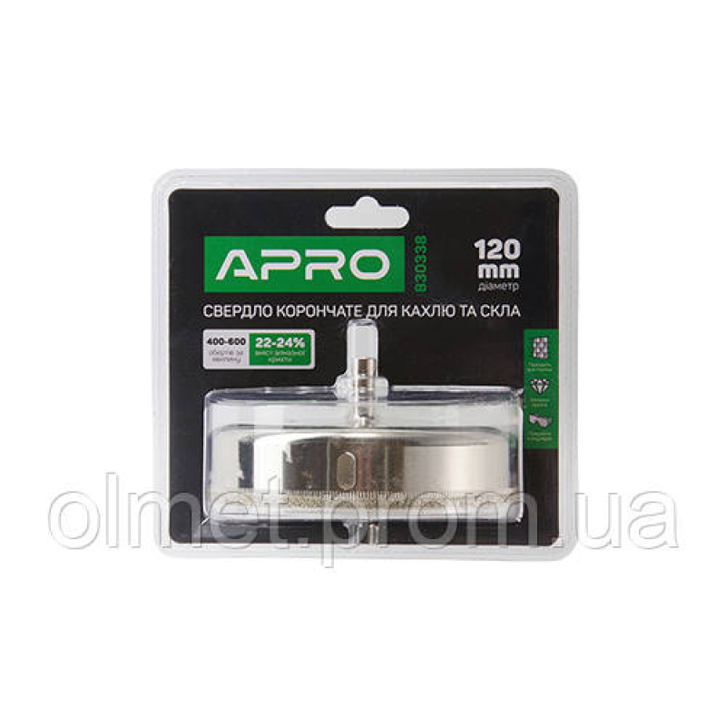 Свердло трубчасте з алмазним напиленням для скла та кахлю 120 мм APRO Свердло трубчасте з алмазним напиленням для скла та кахлю 120 мм APRO