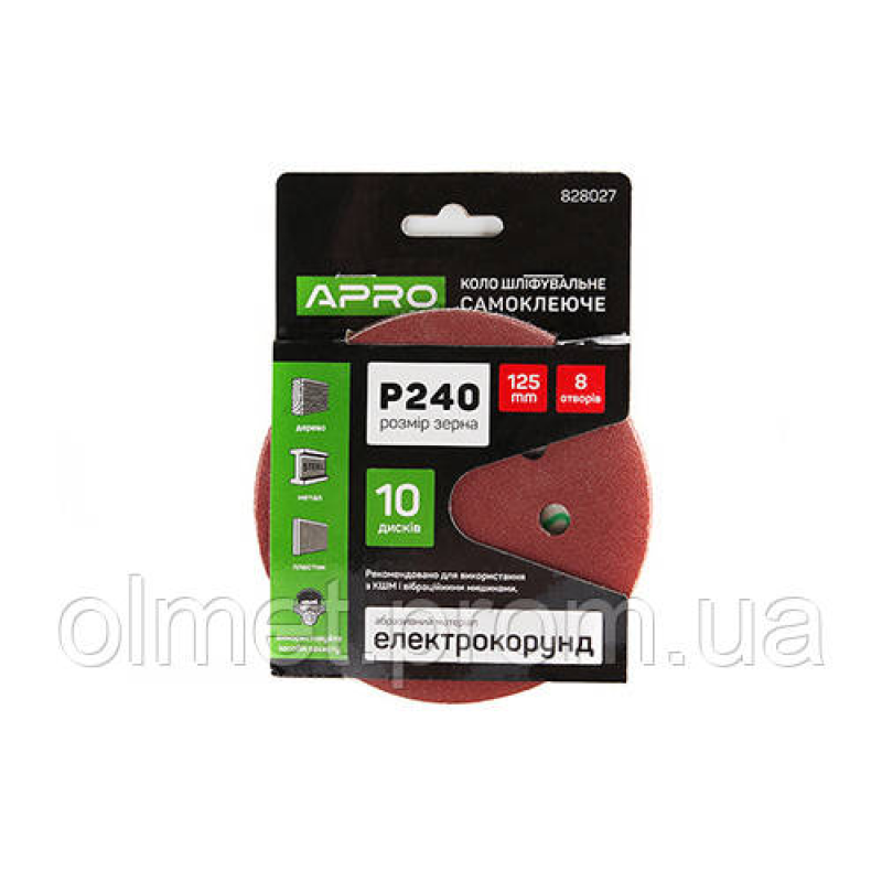 Круг шліфувальний 8 отворів (на липучці) 125 мм Р240 APRO Круг шліфувальний 8 отворів (на липучці) 125 мм Р240 APRO