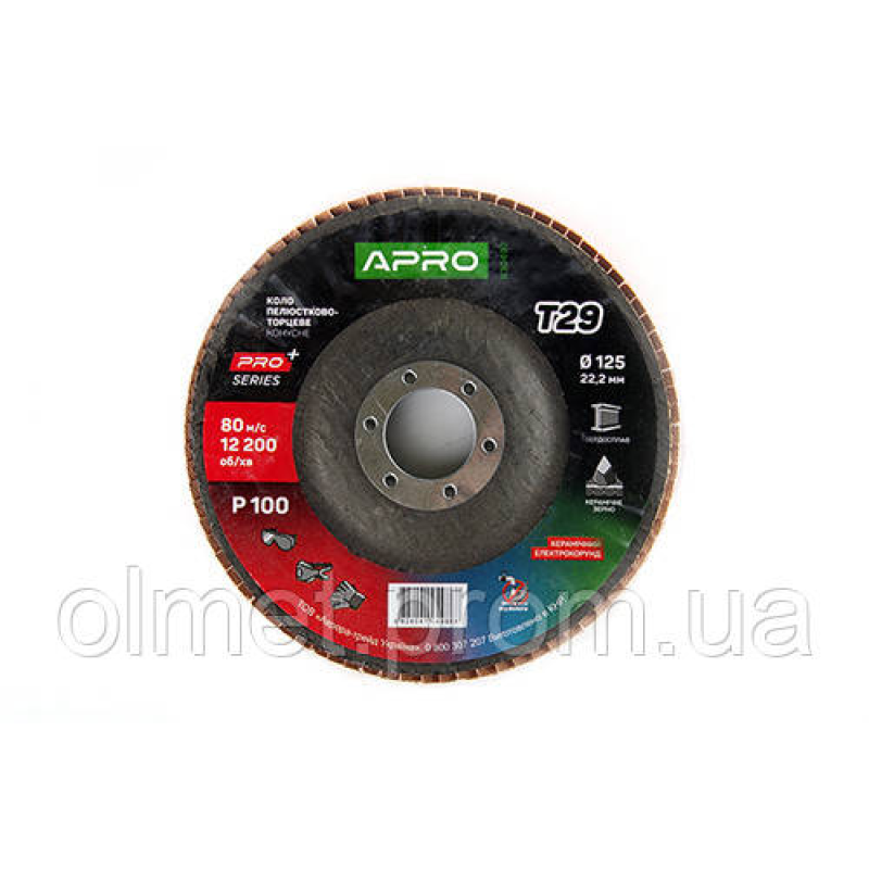 Круг пелюстково-торцевий керамічний Р100 конус 125х22.2 мм (Т29) (КЛТ) APRO PRO Круг пелюстково-торцевий керамічний Р100 конус 125х22.2 мм (Т29) (КЛТ) APRO PRO