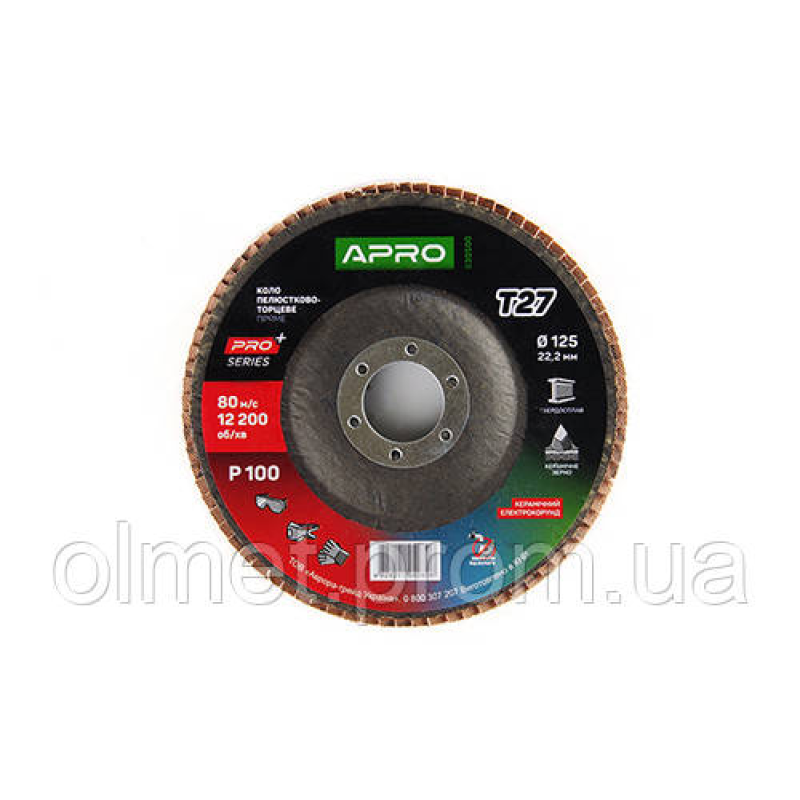 Круг пелюстково-торцевий керамічний Р100 прямий 125х22.2 мм (Т27) (КЛТ) APRO PRO Круг пелюстково-торцевий керамічний Р100 прямий 125х22.2 мм (Т27) (КЛТ) APRO PRO