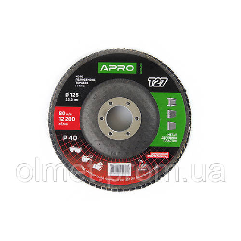 Круг пелюстково-торцевий цирконієвий Р40 прямий 125х22.2 мм (Т27) (КЛТ) APRO Круг пелюстково-торцевий цирконієвий Р40 прямий 125х22.2 мм (Т27) (КЛТ) APRO