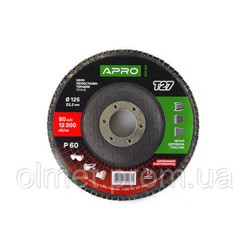 Круг пелюстково-торцевий цирконієвий Р60 прямий 125х22.2 мм (Т27) (КЛТ) APRO Круг пелюстково-торцевий цирконієвий Р60 прямий 125х22.2 мм (Т27) (КЛТ) APRO