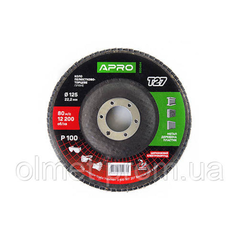Круг пелюстково-торцевий цирконієвий Р100 прямий 125х22.2 мм (Т27) (КЛТ) APRO Круг пелюстково-торцевий цирконієвий Р100 прямий 125х22.2 мм (Т27) (КЛТ) APRO