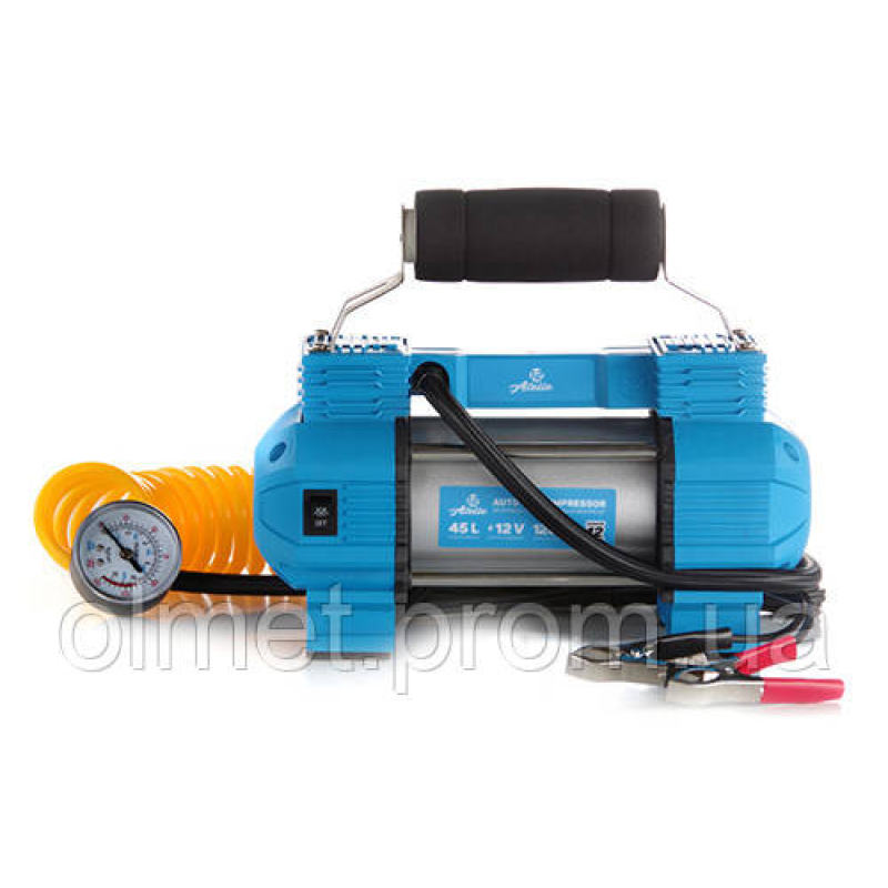 Компресор автомобільний двопоршневий (35 л/хв 8,2 Атм) з ліхтарем, кручений шланг, клеми АКБ 12 Atelie